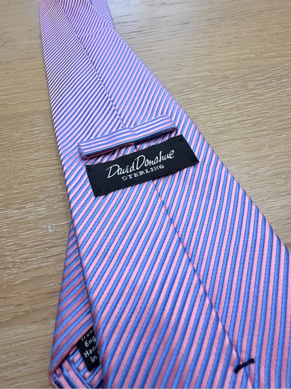David Donahue Coral Pink and Light Blue Striped Silk Tie - Picture 2 of 6